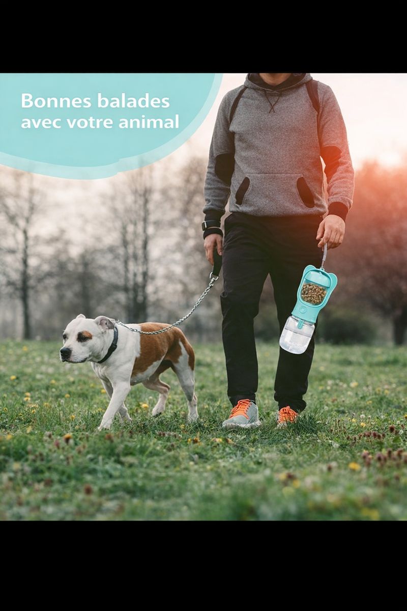 Gourde 2-en-1 pour Chien & Chat – Eau + Croquettes 550 ml | Portable & Anti-Fuite