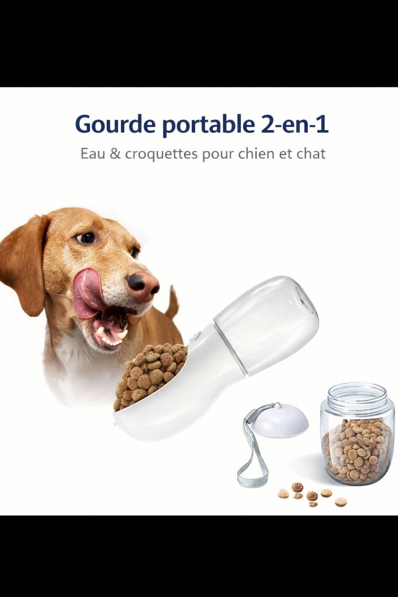 Gourde 2-en-1 pour Chien & Chat – Eau + Croquettes 550 ml | Portable & Anti-Fuite